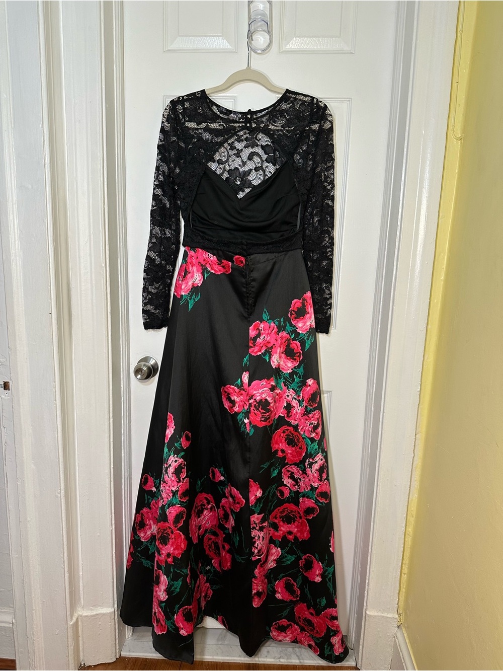 B Darlin Black Lace & Pink Floral Long 2 Piece Shirt/Skirt Dress Combination